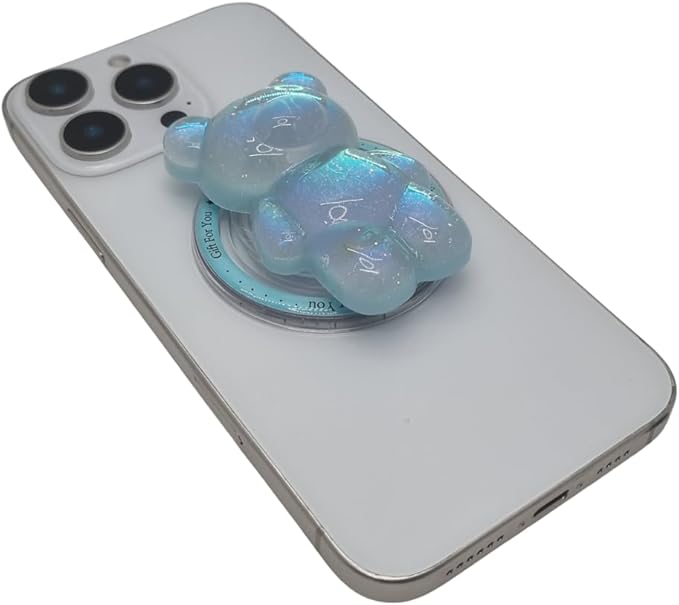 Cute Kawaii 3D Bear Phone Grip Stand, Iridescent Holographic Resin Cell Phone Holder & Kickstand, Compatible with iPhone, Samsung Galaxy, Android (Aqua Blue)