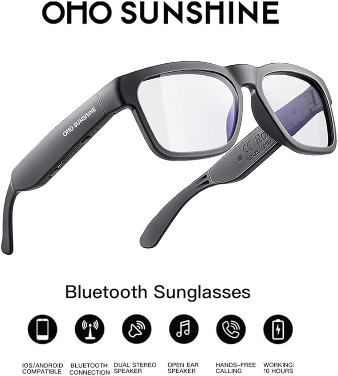 OhO sunshine Bluetooth Glasses: Voice Control and Open Ear Style Smart Glasses to Listen Music & Calls, UV400 Protection Lens