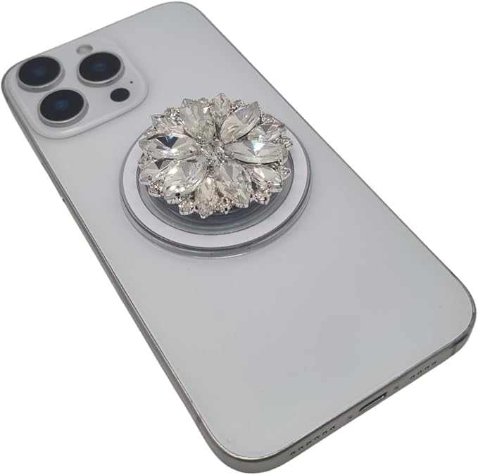Magnetic Phone Grip Stand, Compatible with MagSafe, Adhesive Metal Ring Included for Non-MagSafe Cases, Expanding Holder and Kickstand, Pearl and Crystal Design (Stellar Diamond Burst)