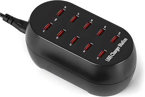 10-Port USB Charging Station, 50W Multi-Device Charger Hub, Desktop Power Dock for Smartphones, for iPhone, Samsung Galaxy, iPad, Tablet, Drones, Headphones,Black