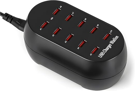 10-Port USB Charging Station, 50W Multi-Device Charger Hub, Desktop Power Dock for Smartphones, for iPhone, Samsung Galaxy, iPad, Tablet, Drones, Headphones,Black