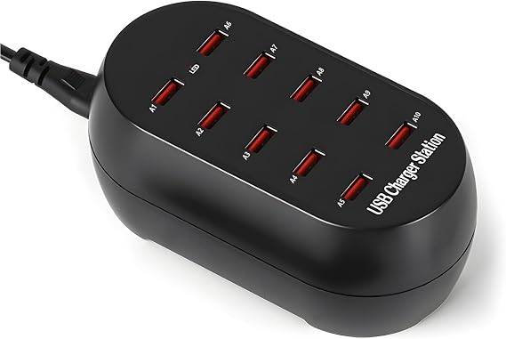 10-Port USB Charging Station, 50W Multi-Device Charger Hub, Desktop Power Dock for Smartphones, for iPhone, Samsung Galaxy, iPad, Tablet, Drones, Headphones,Black
