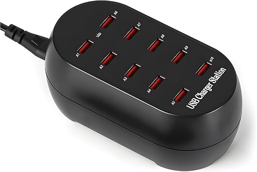 10-Port USB Charging Station, 50W Multi-Device Charger Hub, Desktop Power Dock for Smartphones, for iPhone, Samsung Galaxy, iPad, Tablet, Drones, Headphones,Black