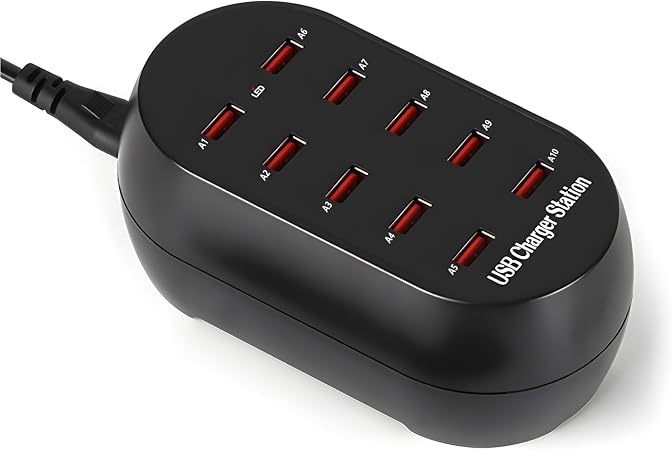 10-Port USB Charging Station, 50W Multi-Device Charger Hub, Desktop Power Dock for Smartphones, for iPhone, Samsung Galaxy, iPad, Tablet, Drones, Headphones,Black