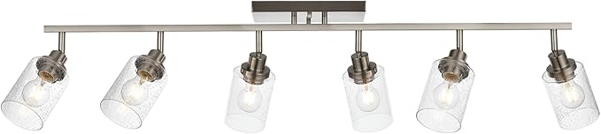 6-Light Brushed Nickel Kitchen Track Lighting Fixtures Ceiling Mount Track Lighting Kit with Bubble Seeded Glass Shade Modern Bathroom Tracking Vanity Lights Ceiling Tracking Accent Shop Light