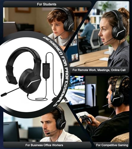Wired One Ear Headset with Mic for PS5/PS4/Xbox/Switch/Mac/Laptop/PC, USB+Type-C+3.5mm Jack 3in 1 Single Ear Headphone with Microphone/Volume Control for Gaming Office Business Work Team Meetings Chat