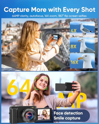 2026 Upgraded 4K Digital Camera 64MP WiFi 180° Flip Screen Autofocus, Black