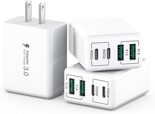 [3-Pack] USB C Wall Charger, 40W 4-Port USB C Charger Block,Fast Charging Block Dual Port PD+QC Wall Plug Multiport Type C Compatible with iPhone 14/13/12/11/Pro Max/XS/XR/8, Samsung Phone,Tablet