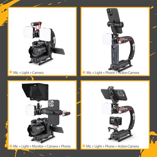 Zeadio Video Handheld Stabilizer, All-in-One Camera Handle Grip Rig Kit with Dimmable LED Video Light, Microphone, Phone Holder, Action Camera Adapter for Filmmaking Vlogging YouTube TikTok etc