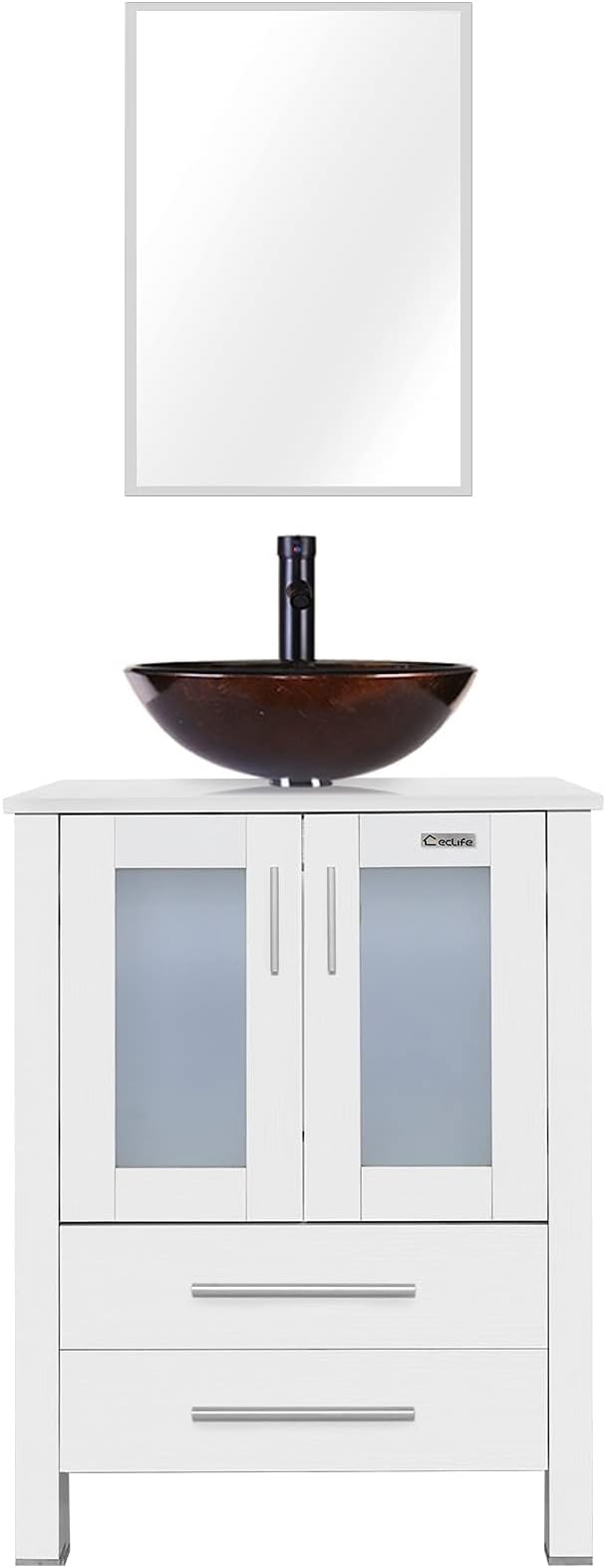 eclife 24" Modern Bathroom Vanity Sink Combo Freestanding Cabinet with Soft Closing Door, Brown Round Glass Vessel Sink, Water Save Faucet, Drain (White+A09)