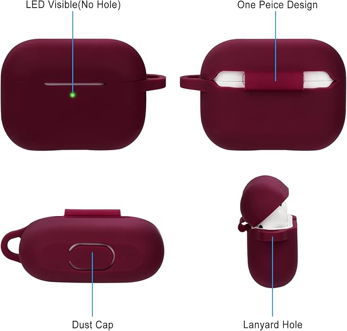 Silicone Protective Case Cover for Airpods Pro with Cute Bling Keychain, Burgundy