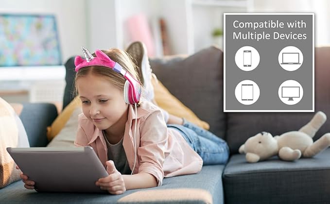 Unicorn Kids Headphones, Adjustable Headband, Stereo Sound, 3.5Mm Jack, Wired Headphones for Kids, Tangle-Free, Volume Control, Foldable, Childrens Earphones for School, Home, Travel