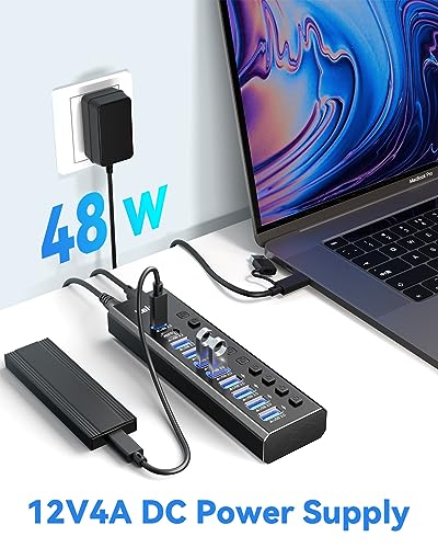 Powered USB Hub 3.2, LEINSIS 10-Port USB 3.2/USB C Hub (10Gbps USB-A 3.2 +2 USB-C 3.2 +7 USB 3.0 Ports) with Individual On/Off Switches and 12V Power Adapter, Aluminum USB Hub Powe - Image 5