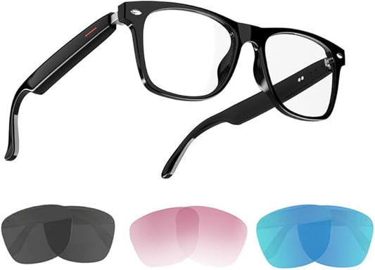 IVY AI Smart Glasses - Glesses Lens Kits (Blue Light Blocking & Sunglasses & Pink & Blue) for Office Outdoor Sports Drive - Smart Bluetooth Audio Glasses for Men & Women - Black Frame