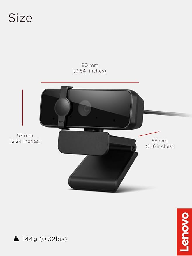 Lenovo 310 FHD Webcam, 1080p, FHD Resolution @30 FPS, Plug-and Play USB Connectivity, 1.8M Cable, 2 Integrated Microphones, External Privacy Shutter, Black