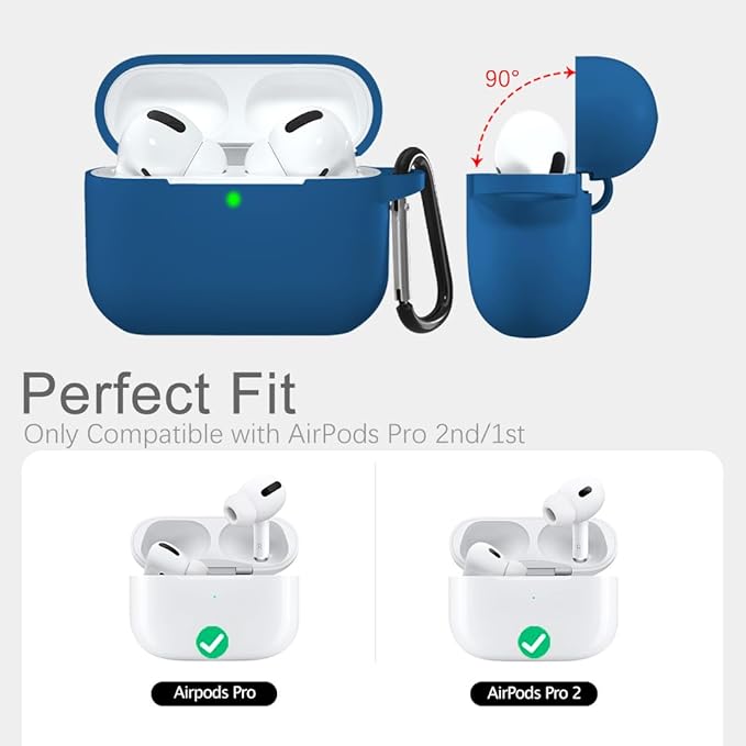 Lerobo Compatible with AirPods Pro Case 2019,Shock-Proof Silicone Skin Full Protective Cover for Airpods Pro 2,Supports Wireless Charging with Durable Carabiner Front LED Visible,Blue