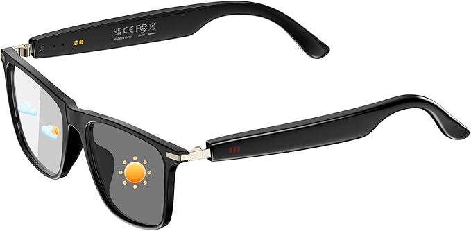 Smart Bluetooth Glasses for Men & Women, Voice Assistant & IPX5 Waterproof, Photochromic Smart Glasses with Speakers, Hand-Free Call & Music, Bluetooth Sunglasses for Travel, Working & Driving(Black)