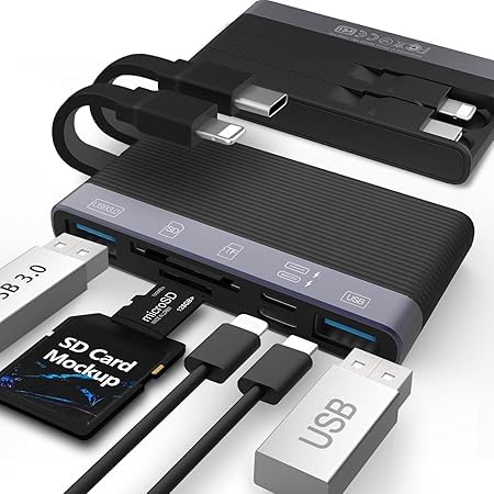 SD Card Reader for i-Phone i-Pad, Aluminum 6in1 Multi-Ports Memory Card Reader with SD/TF Card USB 3.0 Adapter,Foldable Data Cable Supports SD/Micro SD/SDHC/SDXC/MMC