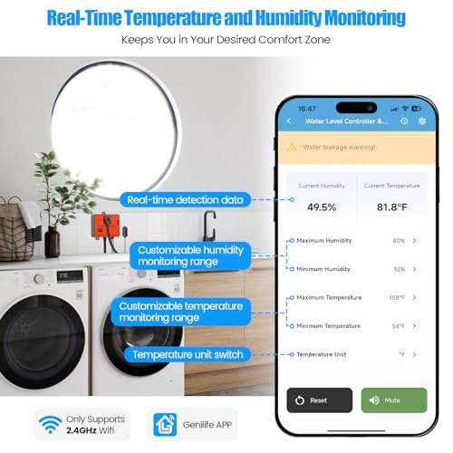 Ortis WiFi Power Failure & Water Leak Alarm, Real-Time Monitoring of Water Level, Temperature & Humidity, 110dB Siren with Flashing Light, APP Alerts, Ideal for Laundry Rooms & Basements