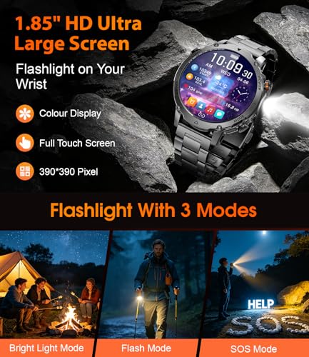 LIGE Military Smart Watch for Men, 1400mAh 60-Days Battery, 1.85" HD Smartwatch with LED Flashlight, 100+ Sports Mode, IP68 Waterproof, Pedometer, Fitness Watch for Android iOS - Image 4