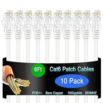 Cat6 Ethernet Patch Cable 6 ft (10 Pack), Cat6 Patch Cable 26AWG Pure Copper for Data Centers, Cat 6 Patch Cable 10G, Network Patch Cables for Home and Enterprise Network -White