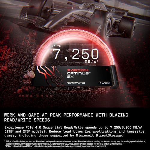 Sandisk 1TB Optimus GX 7100 NVMe SSD, PCIe Gen 4, M.2 2280, Up to 7250 MB/s Read, SDSP71100TAN
