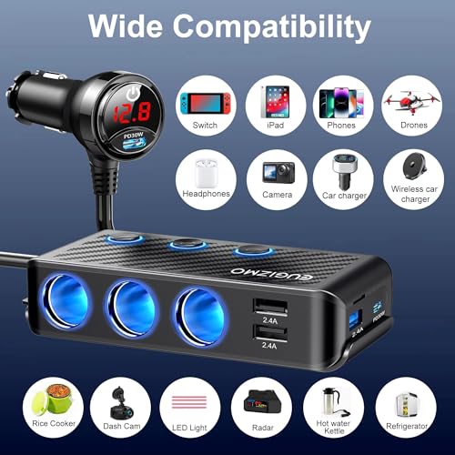 EUGIZMO 8 in 1 Cigarette Lighter Adapter,3 Socket Car Charger Plug Splitter