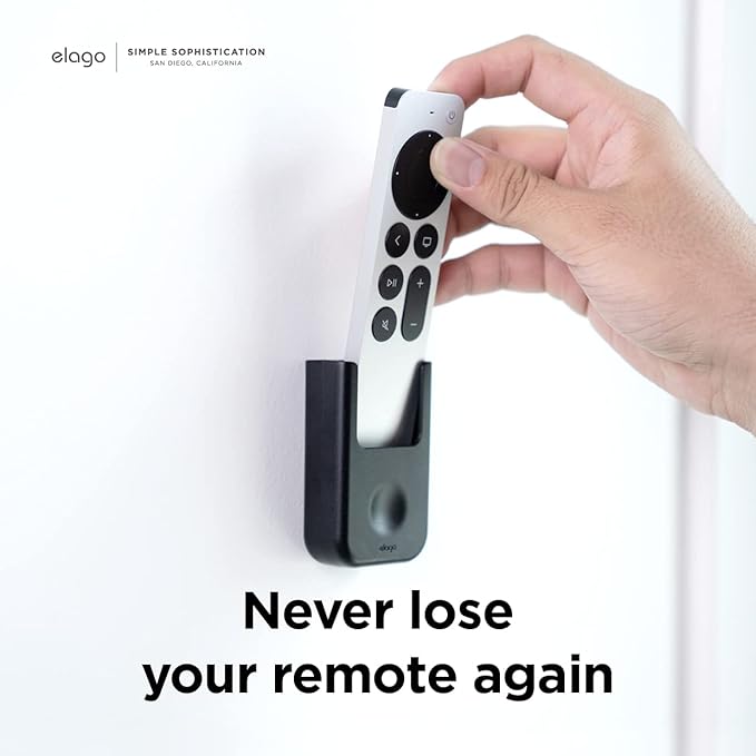 elago Universal Remote Holder Mount Compatible with Apple TV Remote and All Other Remote Controls - Adhesive Tape or Screw Mounting Options, Available Wired Charging [Small] [3rd & 2nd Gen] [Black]