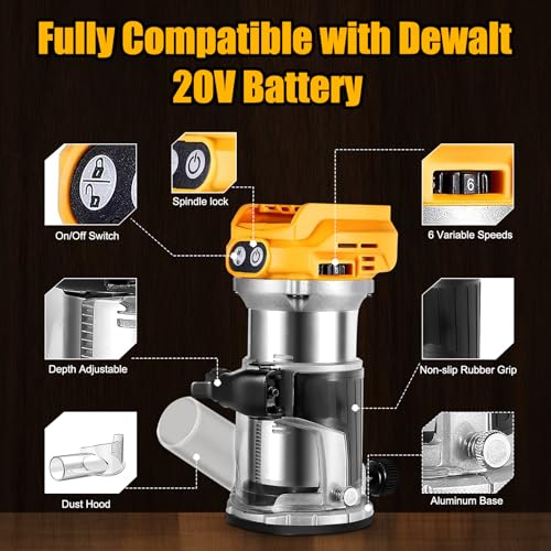 Cordless Compact Router compatible with Dewalt 20V Battery,6 Speeds 800W 30,000 RPM Brushless Router for Woodworking with Router Bits,Edge & Roller Guide,Dust Hood