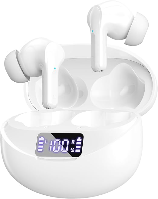 Wireless Earbuds Bluetooth 5.4 Headphones, Noise Cancelling Mic Ear Buds with 50H Playback, LED Digital Display, lPX7 Waterproof Earphones for Office/Running/Workout(White)