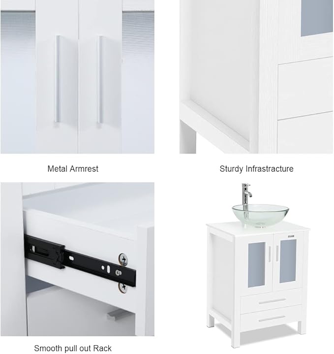 eclife 72" Modern Bathroom Vanity Sink Combo Freestanding Cabinet with Small Side Cabinet, Clear Round Glass Vessel Sink, Water Save Faucet, Drain (White+A16)