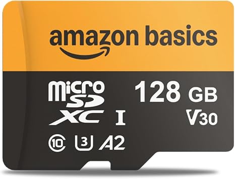 Amazon Basics 128GB microSDXC Memory Card with Adapter for Smartphones, Drones, Cameras, Full HD, Read Speed Up to 200MB/s, 1-Pack