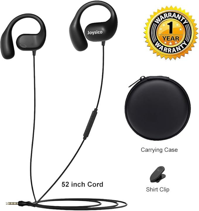 Joyico Wired Open Ear Headphones with Microphone, Volume Control, Wrap Around Ear Hook & Case, Over Ear Earbuds for Sport Running, On Ear Out of Ear Earphones Comfortable for Sensitive & Small Ears