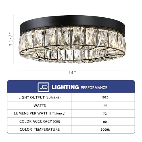 MEXO Crystal LED Flush Mount Ceiling Light Fixtures Modern Black LED Chandelier Lighting for Kitchen Closet Hallway Bedroom Foyer Laundry Room