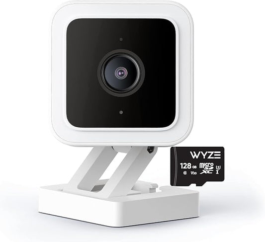 Cam V3 Smart Home Security Camera, Indoor/Outdoor Use, IP65-Rated 1080p Plug-in, Color Night Vision, Motion Detection, Two Way Audio, Compatible with Alexa, Google Assistant, Cam V3+128GB SD Card