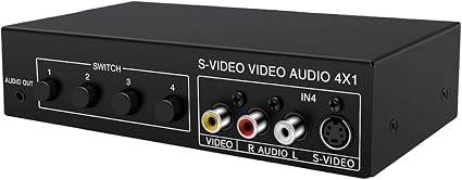 4x1 S-Video & Sound Switcher 4 in 1 Out 720p Video Selector for Retro Game Consoles, Players & Home Theater, Manual Push Button Av Switch Box