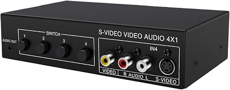 4x1 S-Video & Sound Switcher 4 in 1 Out 720p Video Selector for Retro Game Consoles, Players & Home Theater, Manual Push Button Av Switch Box