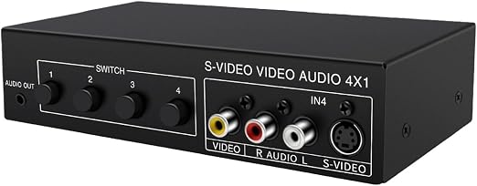 4x1 S-Video & Sound Switcher 4 in 1 Out 720p Video Selector for Retro Game Consoles, Players & Home Theater, Manual Push Button Av Switch Box