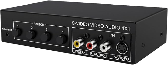 4x1 S-Video & Sound Switcher 4 in 1 Out 720p Video Selector for Retro Game Consoles, Players & Home Theater, Manual Push Button Av Switch Box