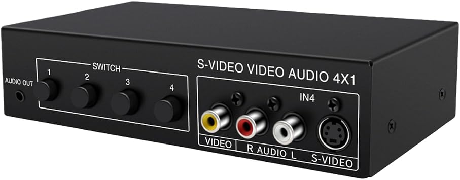 4x1 S-Video & Sound Switcher 4 in 1 Out 720p Video Selector for Retro Game Consoles, Players & Home Theater, Manual Push Button Av Switch Box