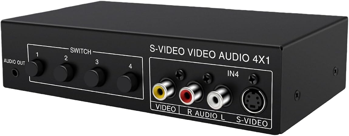 4x1 S-Video & Sound Switcher 4 in 1 Out 720p Video Selector for Retro Game Consoles, Players & Home Theater, Manual Push Button Av Switch Box