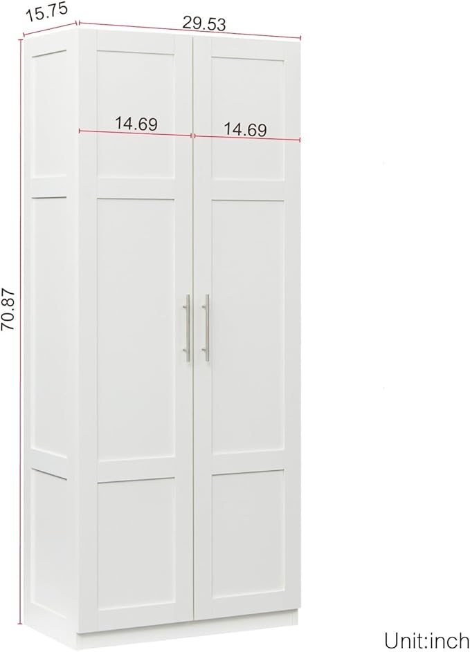 KEIKI 70.87" Tall Kitchen Pantry Storage Cabinet with 2 Door and Shelves, Freestanding Wood Hutch Food Pantries Cupboard for Coffee Bar, Dining Room, Living Room, White
