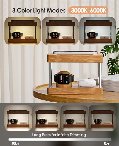 Nightstand Charging Station, 4 in 1 Bamboo Wireless Charging Station for Multiple Devices, Bedside Lamp Charger for iPhone/AirPods/iWatch, Birthday Gifts