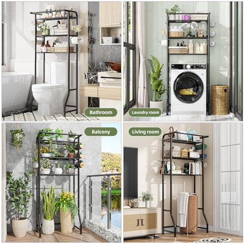 Simple Trending Over The Toilet Storage Cabinet, Metal Bathroom Shelf Organizer with Paper Holder and Hooks, 3 Tier, Black