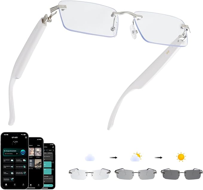 AI Translation Glasses, Bluetooth Eyeglasses with Real-Time Translator for 164 Languages, Photochromic Spring Hinge Bluetooth Glasses with Speakers, Rimless Smart Glasses for Travel/Work/Study(Silver)