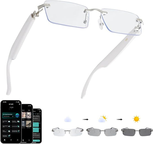 AI Translation Glasses, Bluetooth Eyeglasses with Real-Time Translator for 164 Languages, Photochromic Spring Hinge Bluetooth Glasses with Speakers, Rimless Smart Glasses for Travel/Work/Study(Silver)