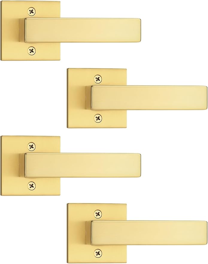 4 Pack Gold Dummy Lever Door Handles for Closets French Doors, Satin Brass Finish, Interior Dummy Door Locksets for Hall Closet Door Knobs Lock Reversible Right & Left Handed