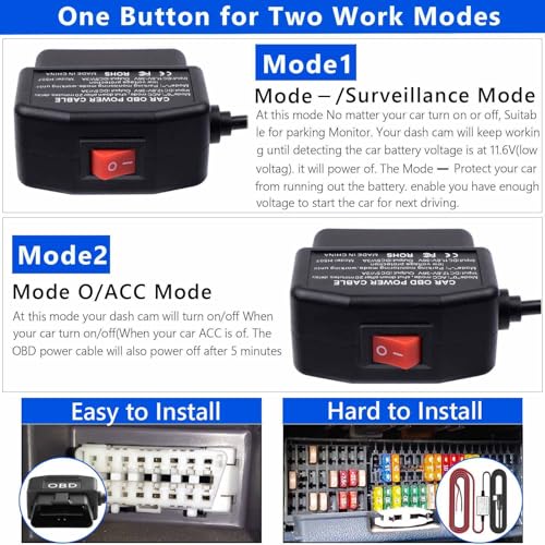 Dash Cam OBD Hardwire Kit Dash Camera USB Type C Hardwire Kit with OBD Power Cable for 12-24V to 5V/3A with Low Voltage Protection 24h Parking Surveillance/Acc Mode for Dashcam, GPS or Radar
