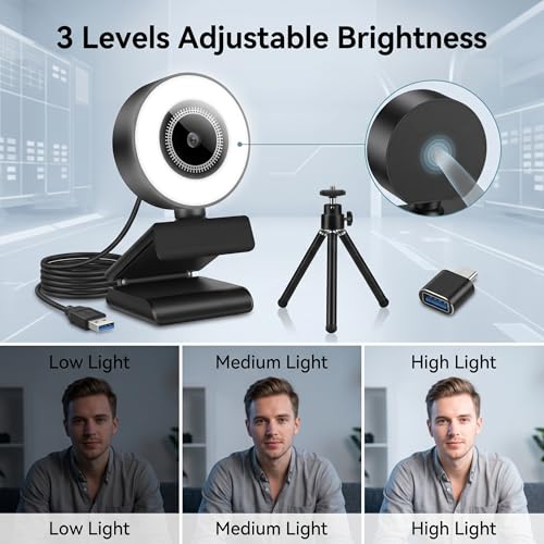 1080P HD Mini Webcam with 3-Color Fill Light, Wide Angle Lens, Noise Canceling Microphone and Tripod, USB C Adapter Included for Laptop Desktop Zoom Skype Streaming Gaming - Image 6