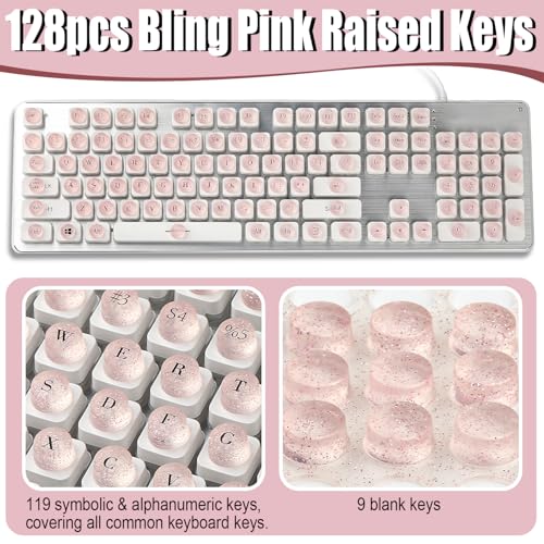 128Pcs Raised Keyboard Stickers for Long Nails, Bling Keyboard Bubbles with Letters, Self-Adhesive Nail Art Typing Keycaps for Desktop Laptop PC Wired Wireless Keyboard (Pink)